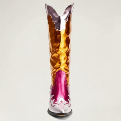Yehaw DIANA mid-calf cowgirl boots in metallic gold and pink vegan microfibre with a pointed toe and western stitching.