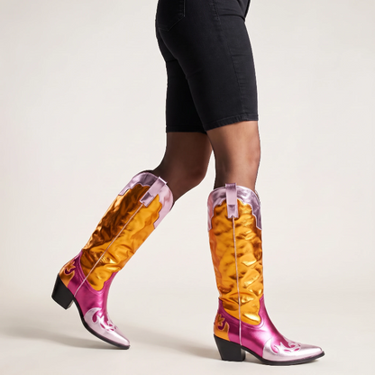 Yehaw DIANA mid-calf cowgirl boots in metallic gold and pink vegan microfibre with a pointed toe and western stitching.
