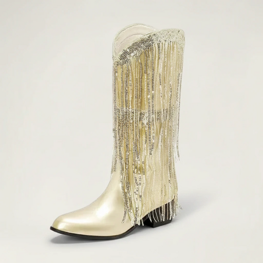 Yehaw TAMMIE gold vegan microfibre mid-calf cowgirl boots with decorative metallic fringe and a pointed toe.