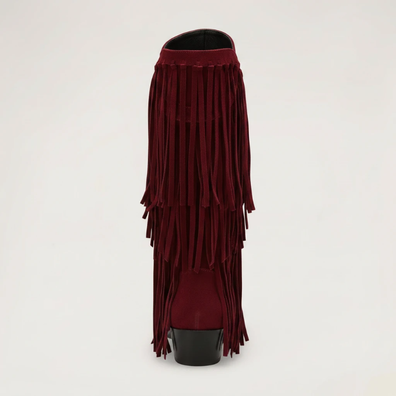 Yehaw red vegan suede mid-calf cowgirl boots with fringe detail and pointed toe
