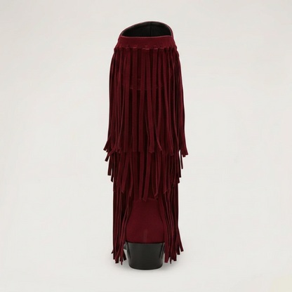 Yehaw red vegan suede mid-calf cowgirl boots with fringe detail and pointed toe
