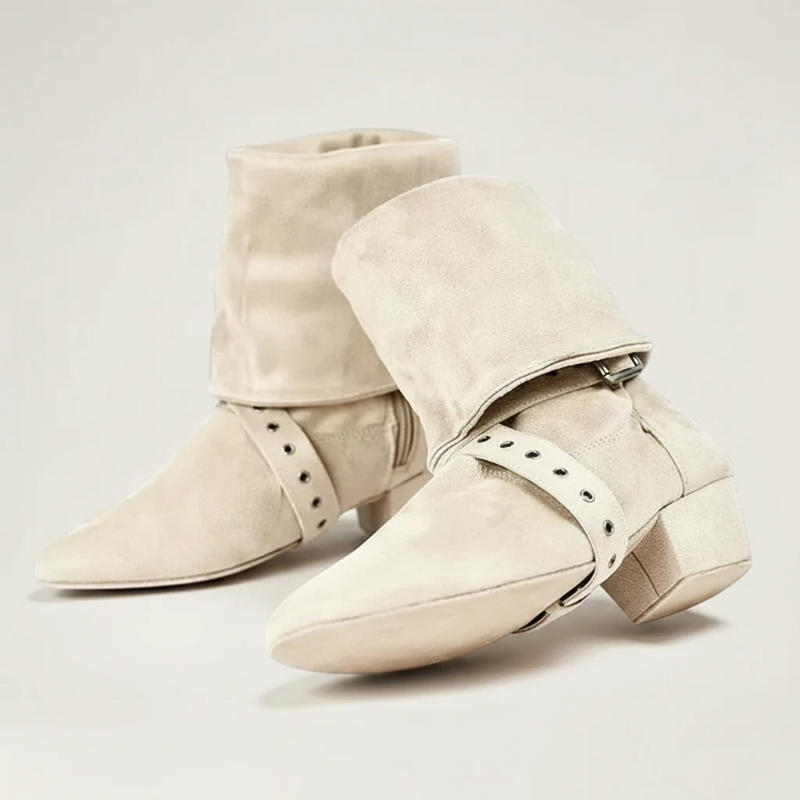 Yehaw JOSIE beige vegan suede mid-calf cowgirl boots with a low heel, round toe, and decorative buckled strap detail.
