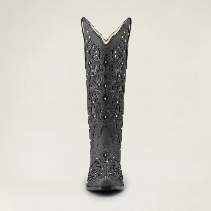 Yehaw BERNARDA black vegan leather mid-calf cowgirl boots with intricate embroidery and sparkling rhinestone details.