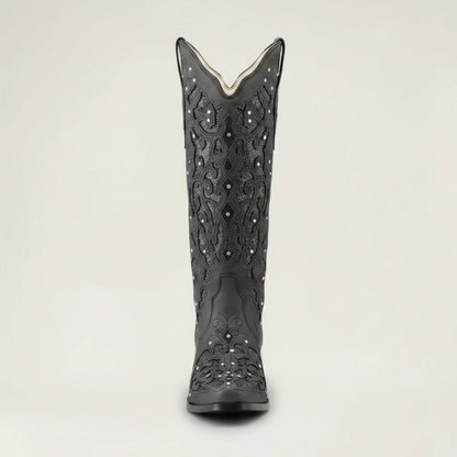 Yehaw BERNARDA black vegan leather mid-calf cowgirl boots with intricate embroidery and sparkling rhinestone details.