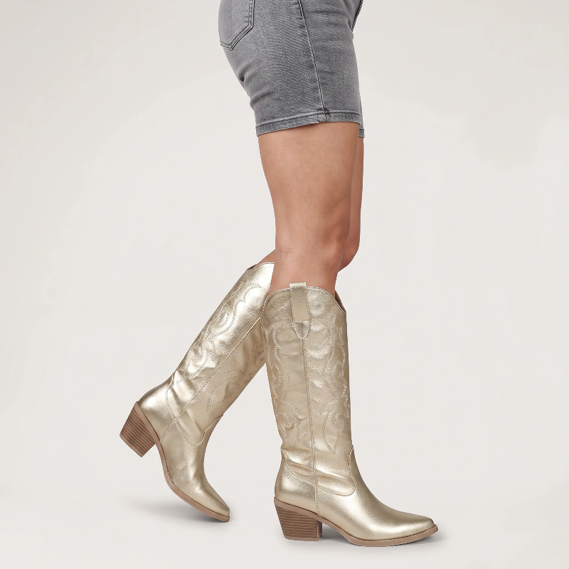 Yehaw gold knee-high vegan microfibre cowgirl boots with pointed toe and western stitching detail