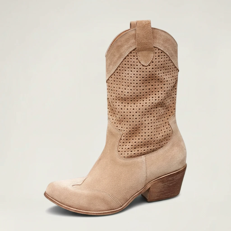 Yehaw light brown vegan leather ankle cowgirl boots with perforated shaft detail and a comfortable medium block heel.