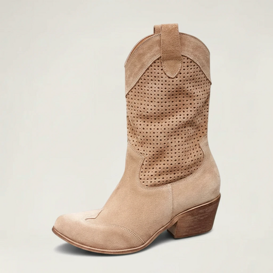 Yehaw light brown vegan leather ankle cowgirl boots with perforated shaft detail and a comfortable medium block heel.