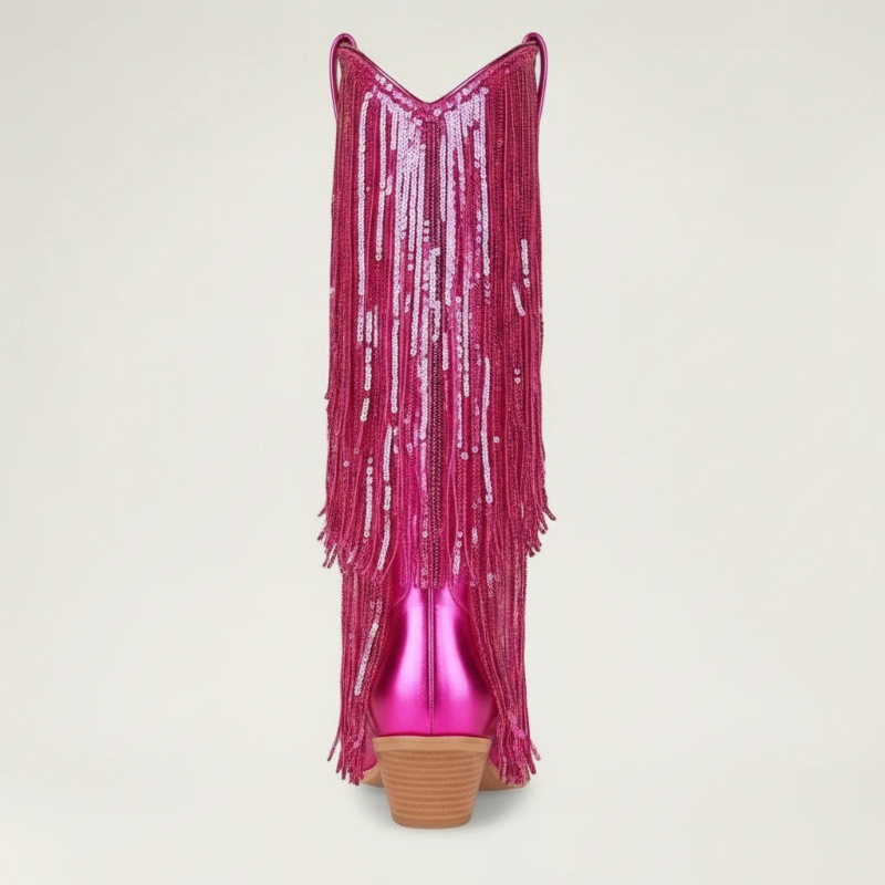 Yehaw pink metallic vegan leather cowgirl boots with long sequin fringe and a pointed toe.