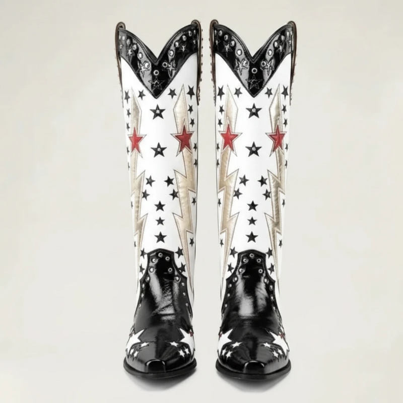 Yehaw AMANDA mid-calf vegan leather cowgirl boots in black and white with metallic lightning and star embroidery.