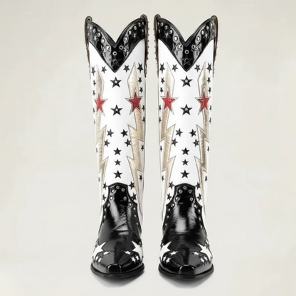 Yehaw AMANDA mid-calf vegan leather cowgirl boots in black and white with metallic lightning and star embroidery.