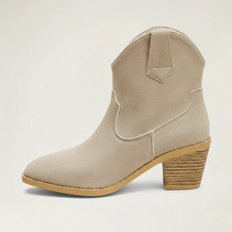 Yehaw ROSIE beige vegan suede ankle cowboy boots for women with a medium block heel and round toe design.