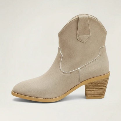 Yehaw ROSIE beige vegan suede ankle cowboy boots for women with a medium block heel and round toe design.