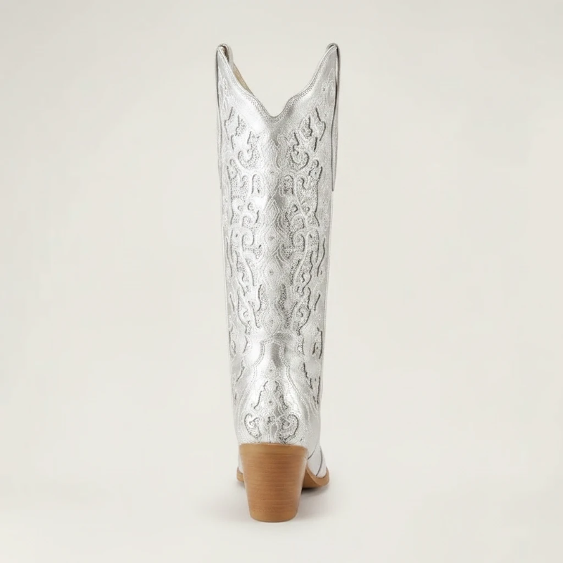 Yehaw Bernarda silver vegan leather mid-calf cowgirl boots with intricate embroidery and a pointed toe