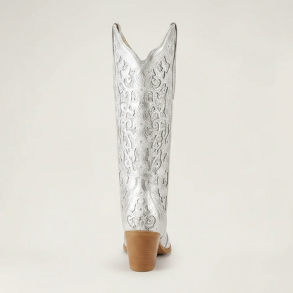 Yehaw Bernarda silver vegan leather mid-calf cowgirl boots with intricate embroidery and a pointed toe