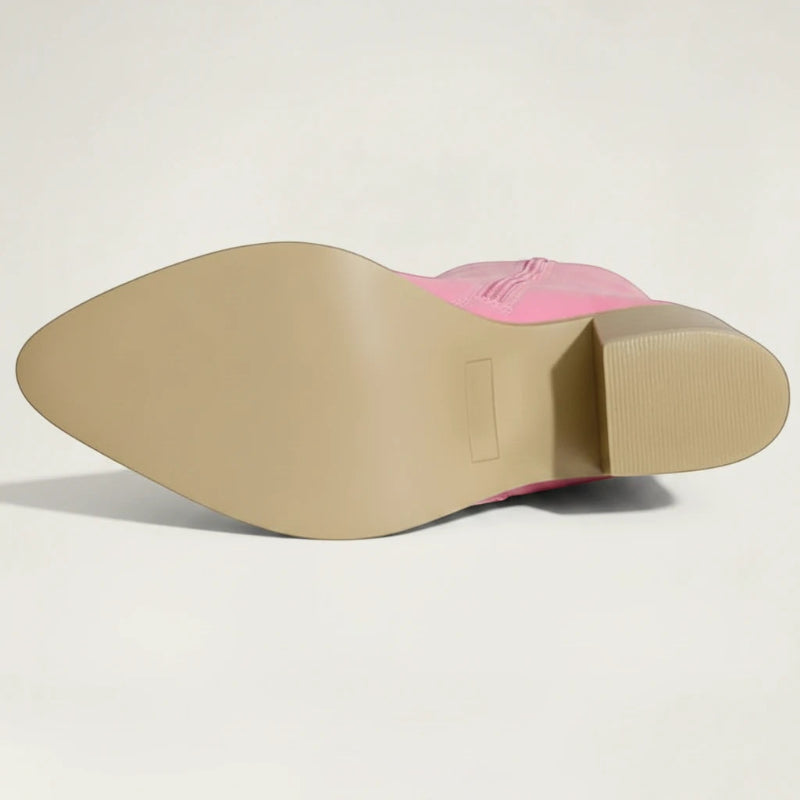 Yehaw pink vegan leather ankle cowgirl boots with white western stitching and a pointed toe