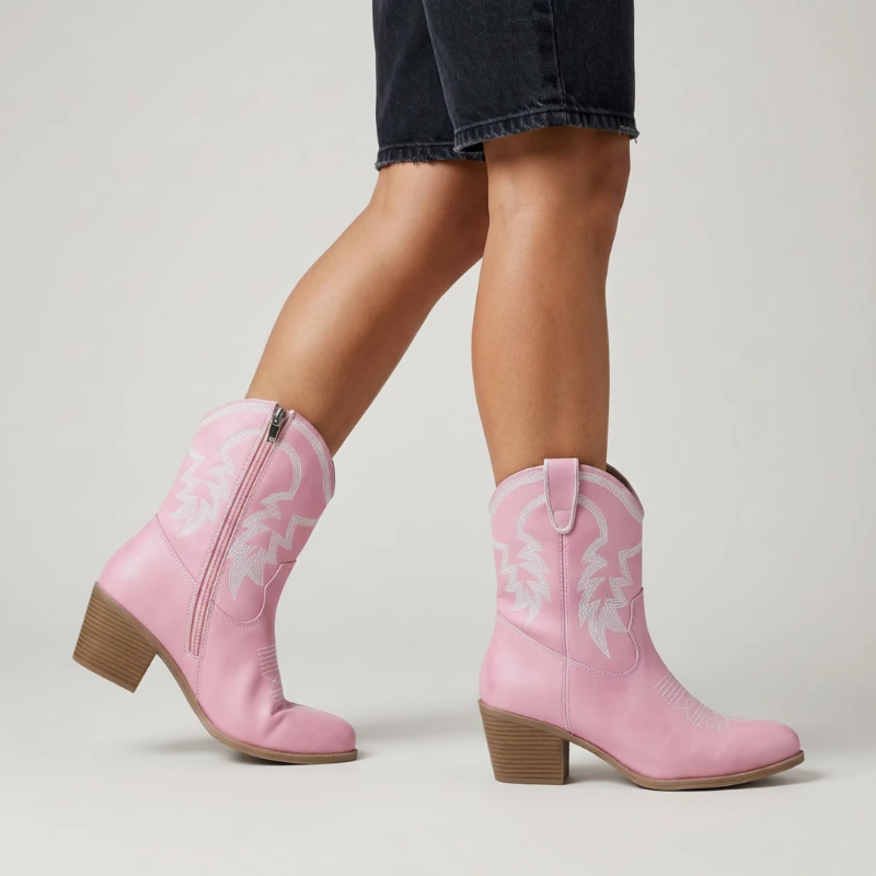 Yehaw pink vegan leather ankle cowgirl boots with white western stitching and a pointed toe