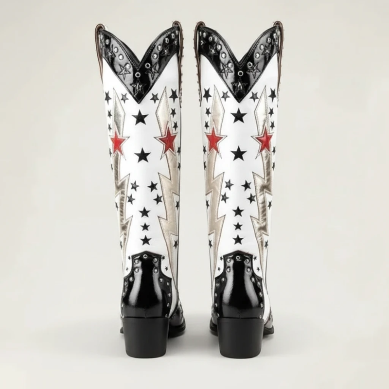Yehaw AMANDA mid-calf vegan leather cowgirl boots in black and white with metallic lightning and star embroidery.