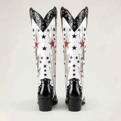 Yehaw AMANDA mid-calf vegan leather cowgirl boots in black and white with metallic lightning and star embroidery.
