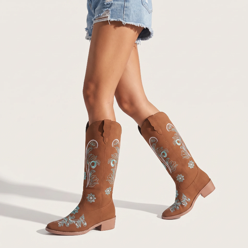 Yehaw Adriana brown vegan suede mid-calf cowgirl boots with light blue and white floral embroidery and round toe