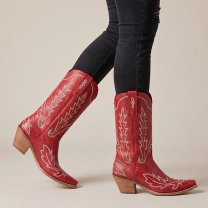 Yehaw SALLY red vegan leather mid-calf cowgirl boots with white western stitching and a square toe design.