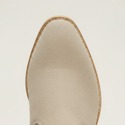 Yehaw ROSIE beige vegan suede ankle cowboy boots for women with a medium block heel and round toe design.