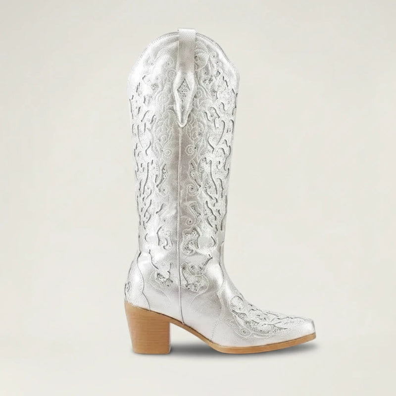Yehaw Bernarda silver vegan leather mid-calf cowgirl boots with intricate embroidery and a pointed toe