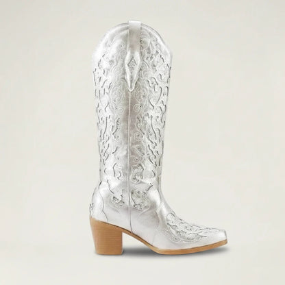 Yehaw Bernarda silver vegan leather mid-calf cowgirl boots with intricate embroidery and a pointed toe
