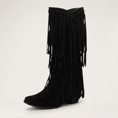 Yehaw black vegan suede mid-calf cowgirl boots with fringe detailing and a pointed toe