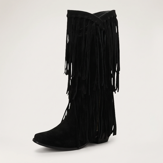 Yehaw black vegan suede mid-calf cowgirl boots with fringe detailing and a pointed toe