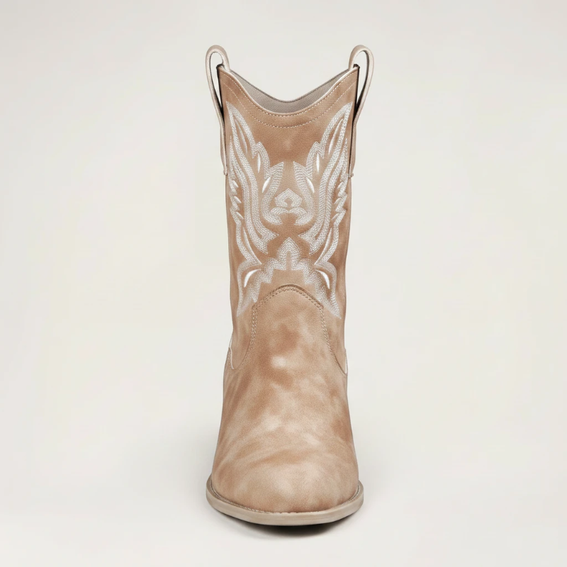 Yehaw BARBARA brown vegan suede ankle cowboy boots with white western embroidery and a medium block heel
