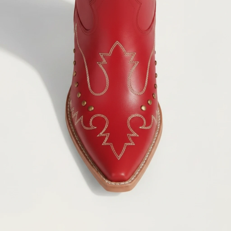 Yehaw red vegan leather mid-calf cowgirl boots with pointed toe and white stitching detail.