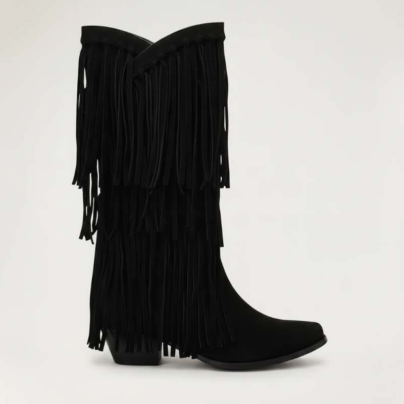 Yehaw black vegan suede mid-calf cowgirl boots with fringe detailing and a pointed toe