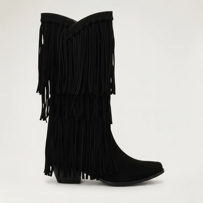 Yehaw black vegan suede mid-calf cowgirl boots with fringe detailing and a pointed toe