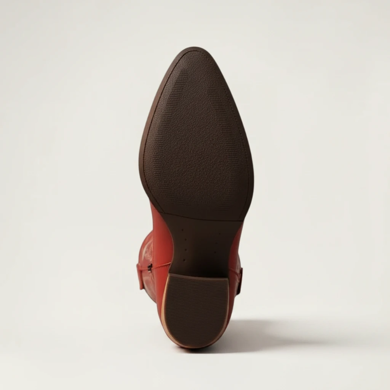 Yehaw red vegan leather mid-calf cowgirl boots with white heart embroidery, pointed toe, and stacked block heel.