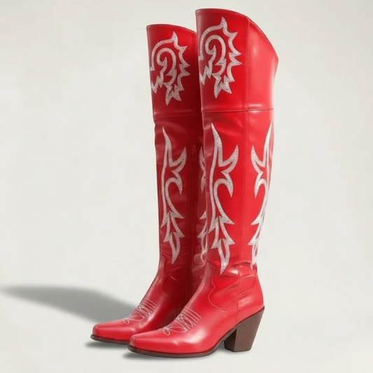 Yehaw BEATRICE red knee-high vegan leather cowgirl boots with white western embroidery and a pointed toe.