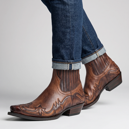 Yehaw brown vegan leather ankle cowboy boots with pointed toe and western stitching detail