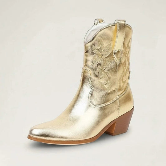 Yehaw CARLA ankle cowgirl boots in metallic gold vegan leather with pointed toe and western embroidery