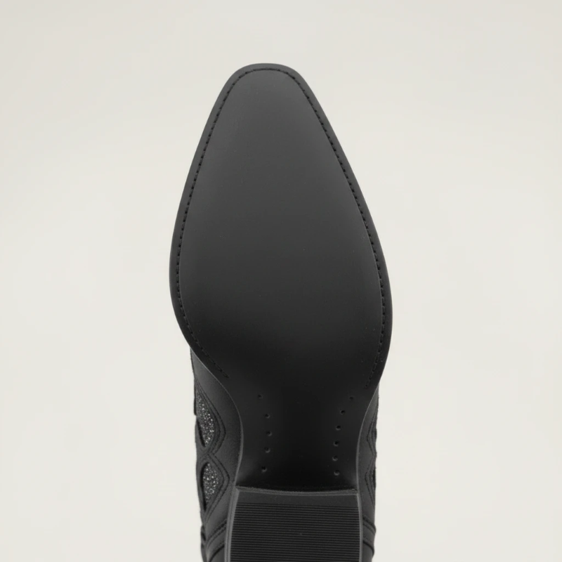 Yehaw BERNARDA black vegan leather mid-calf cowgirl boots with intricate embroidery and sparkling rhinestone details.