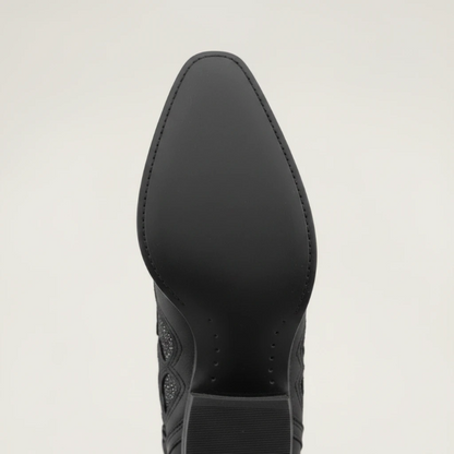 Yehaw BERNARDA black vegan leather mid-calf cowgirl boots with intricate embroidery and sparkling rhinestone details.