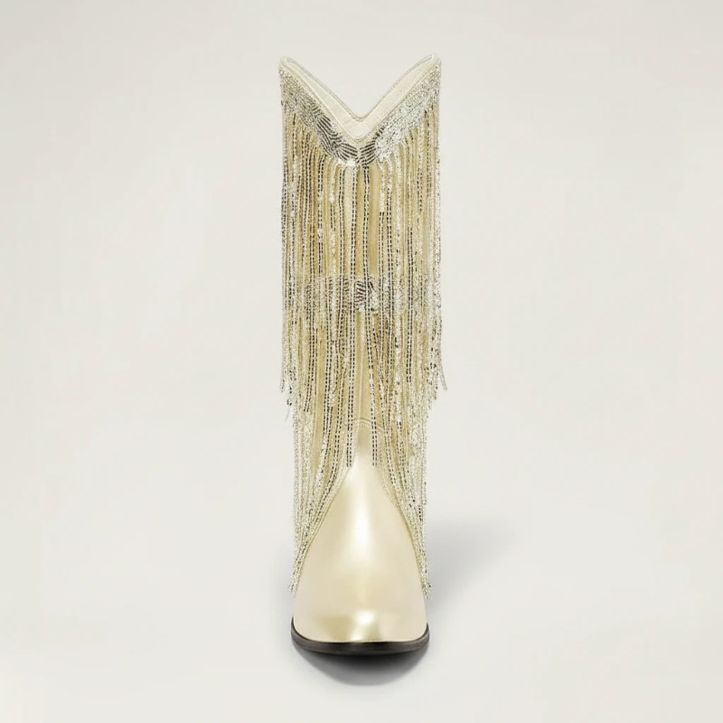 Yehaw TAMMIE gold vegan microfibre mid-calf cowgirl boots with decorative metallic fringe and a pointed toe.