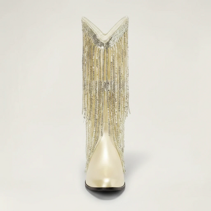 Yehaw TAMMIE gold vegan microfibre mid-calf cowgirl boots with decorative metallic fringe and a pointed toe.