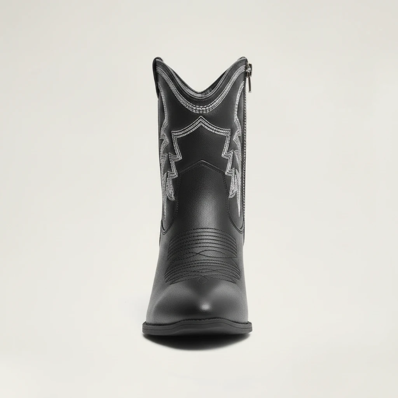 Yehaw CARMELA black vegan leather ankle cowgirl boots with white western embroidery, side zip, and medium block heel.