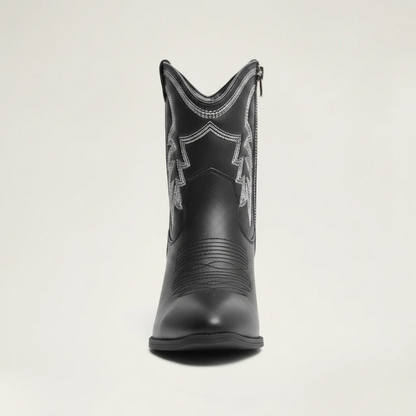Yehaw CARMELA black vegan leather ankle cowgirl boots with white western embroidery, side zip, and medium block heel.