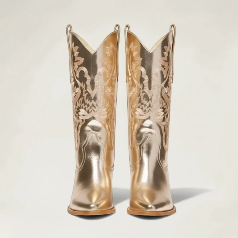Yehaw ANNIE cowgirl boots in metallic gold with intricate western embroidery and a stacked wooden heel, back view