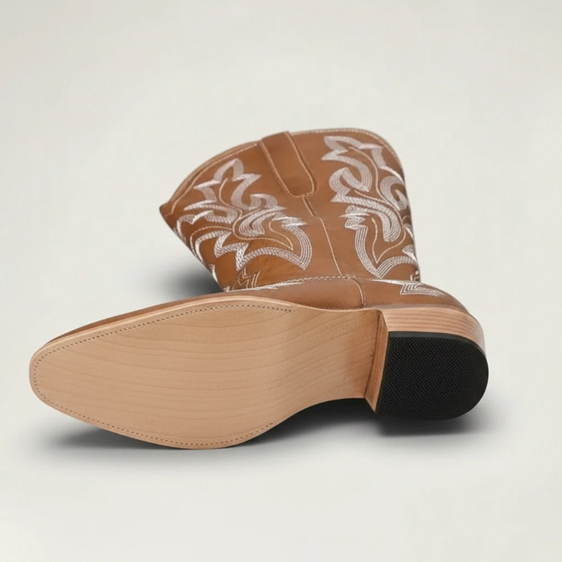 Yehaw brown vegan leather mid-calf cowgirl boots with white western embroidery and a round toe design.