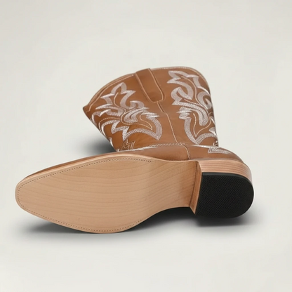 Yehaw brown vegan leather mid-calf cowgirl boots with white western embroidery and a round toe design.