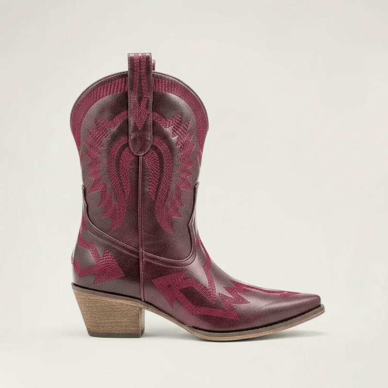 Yehaw CAMILA red vegan leather ankle cowgirl boots with pointed toe and decorative western stitching
