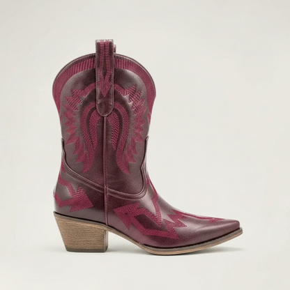Yehaw CAMILA red vegan leather ankle cowgirl boots with pointed toe and decorative western stitching