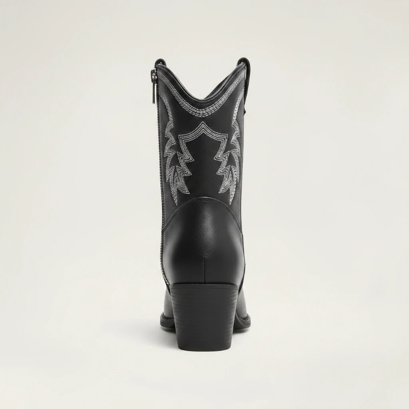 Yehaw CARMELA black vegan leather ankle cowgirl boots with white western embroidery, side zip, and medium block heel.