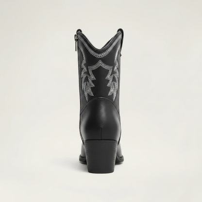 Yehaw CARMELA black vegan leather ankle cowgirl boots with white western embroidery, side zip, and medium block heel.